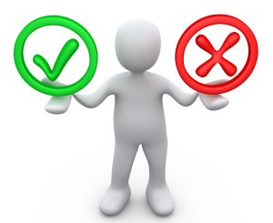 Clipart Illustration of a White Person Holding His Arms Out With A Green Check Mark And A Red X, In His Hands