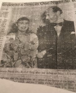 A newspaper clipping of a young woman after her debut on Nov. 17, 1950.